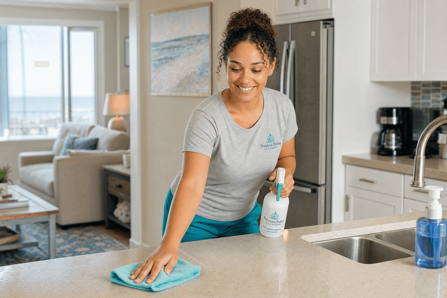 Professional cleaner wiping a kitchen counter in a bright vacation rental