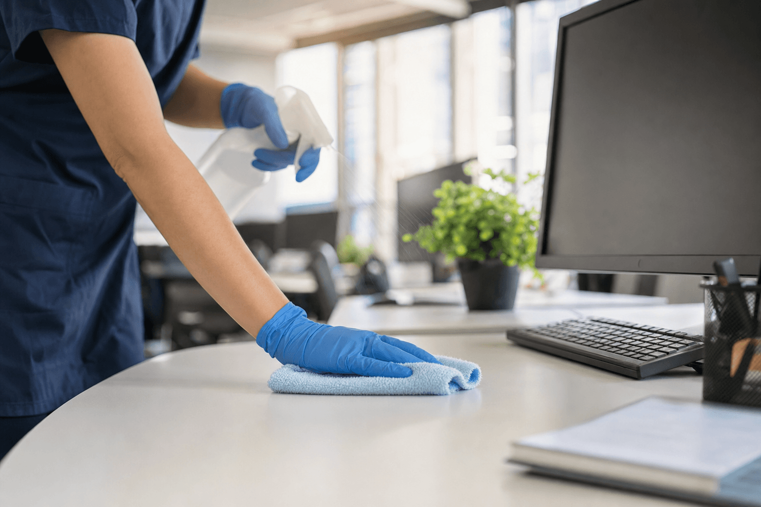 Faceless office cleaner wiping down a modern office desk