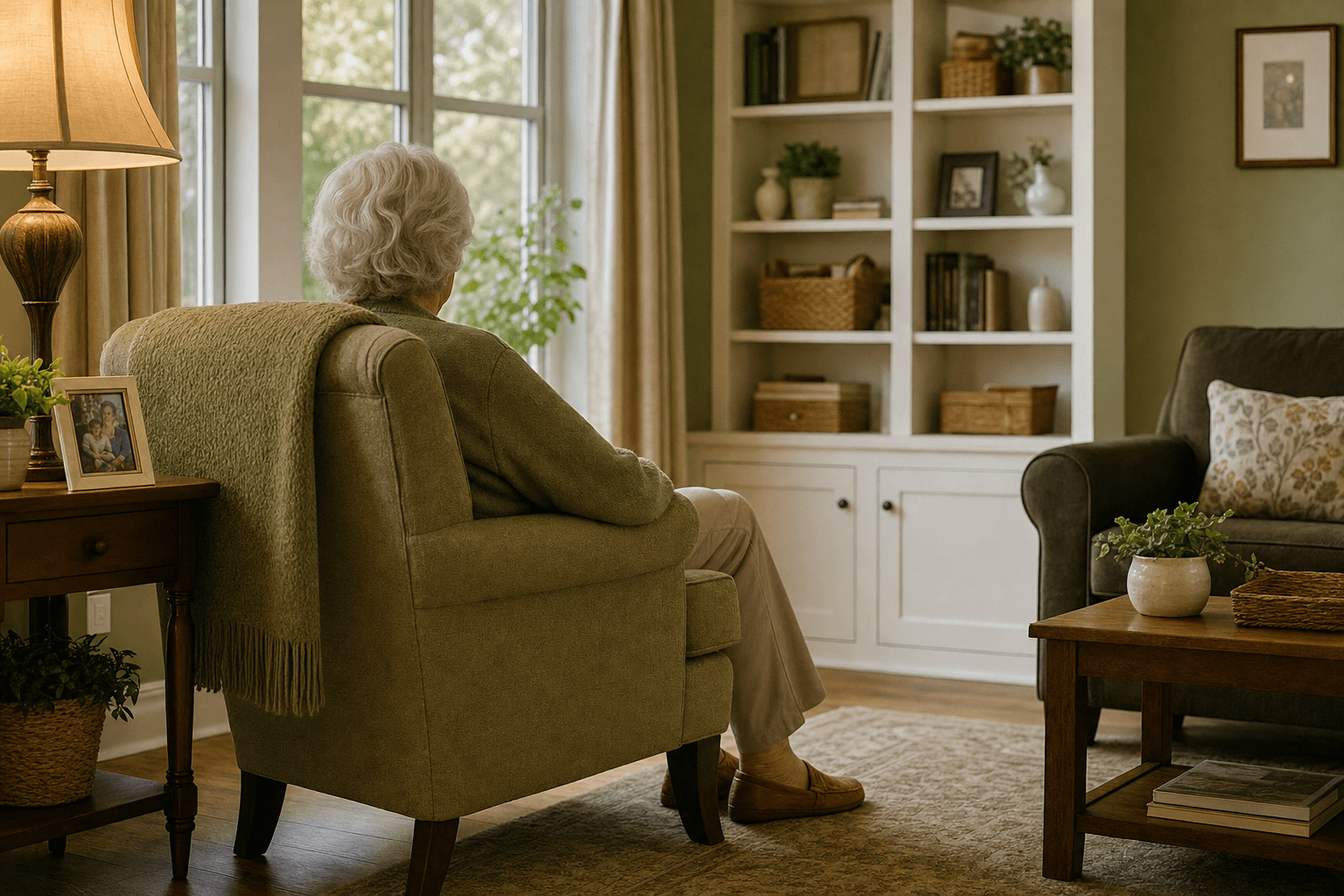 Faceless elderly person resting comfortably in a clean, safe living room