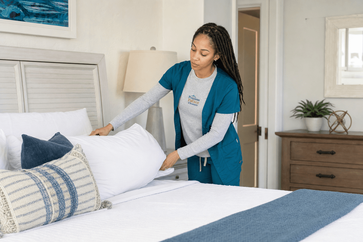 Cleaner fluffing pillows on a made bed