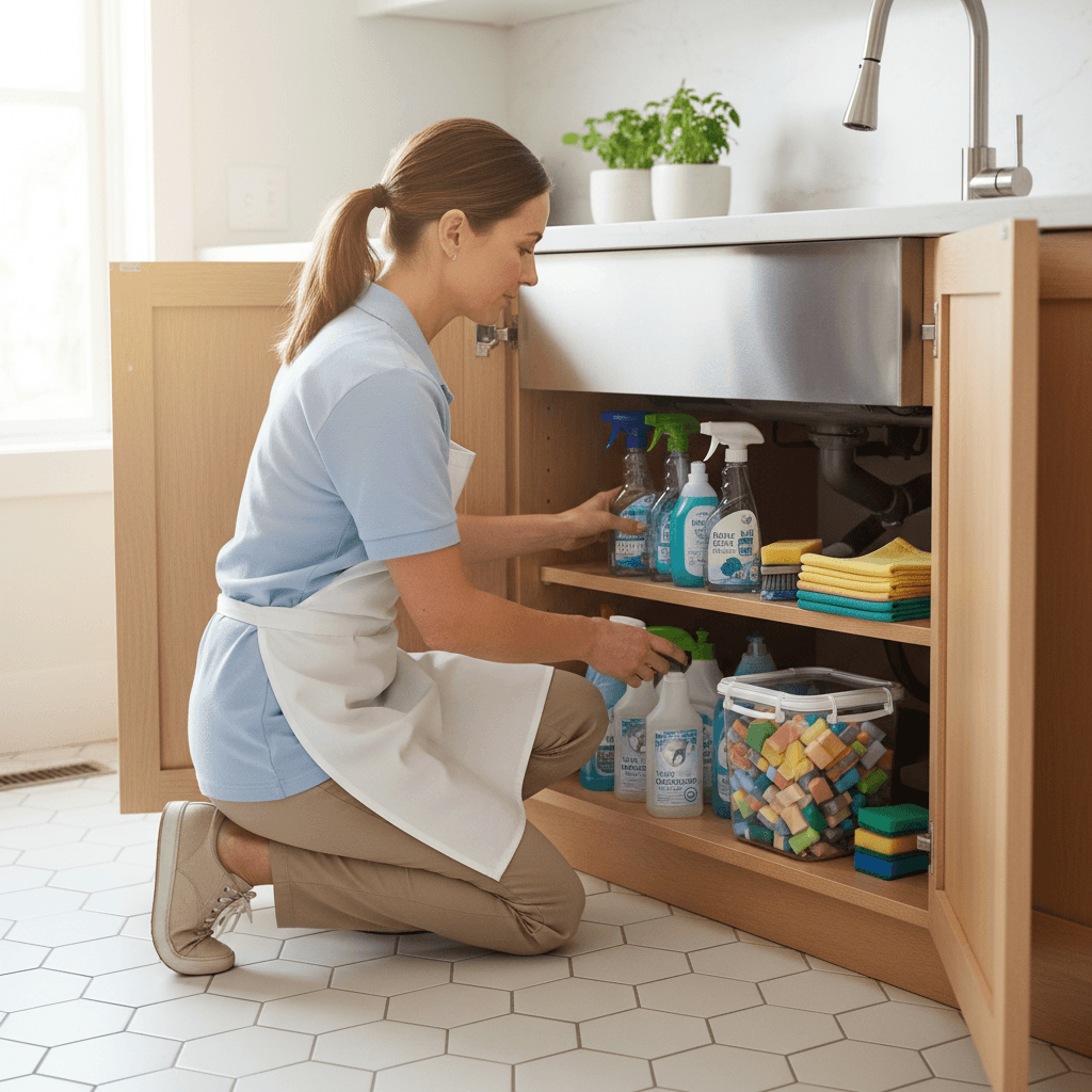 Professional cleaner organizing supplies under a sink in a bright home kitchen