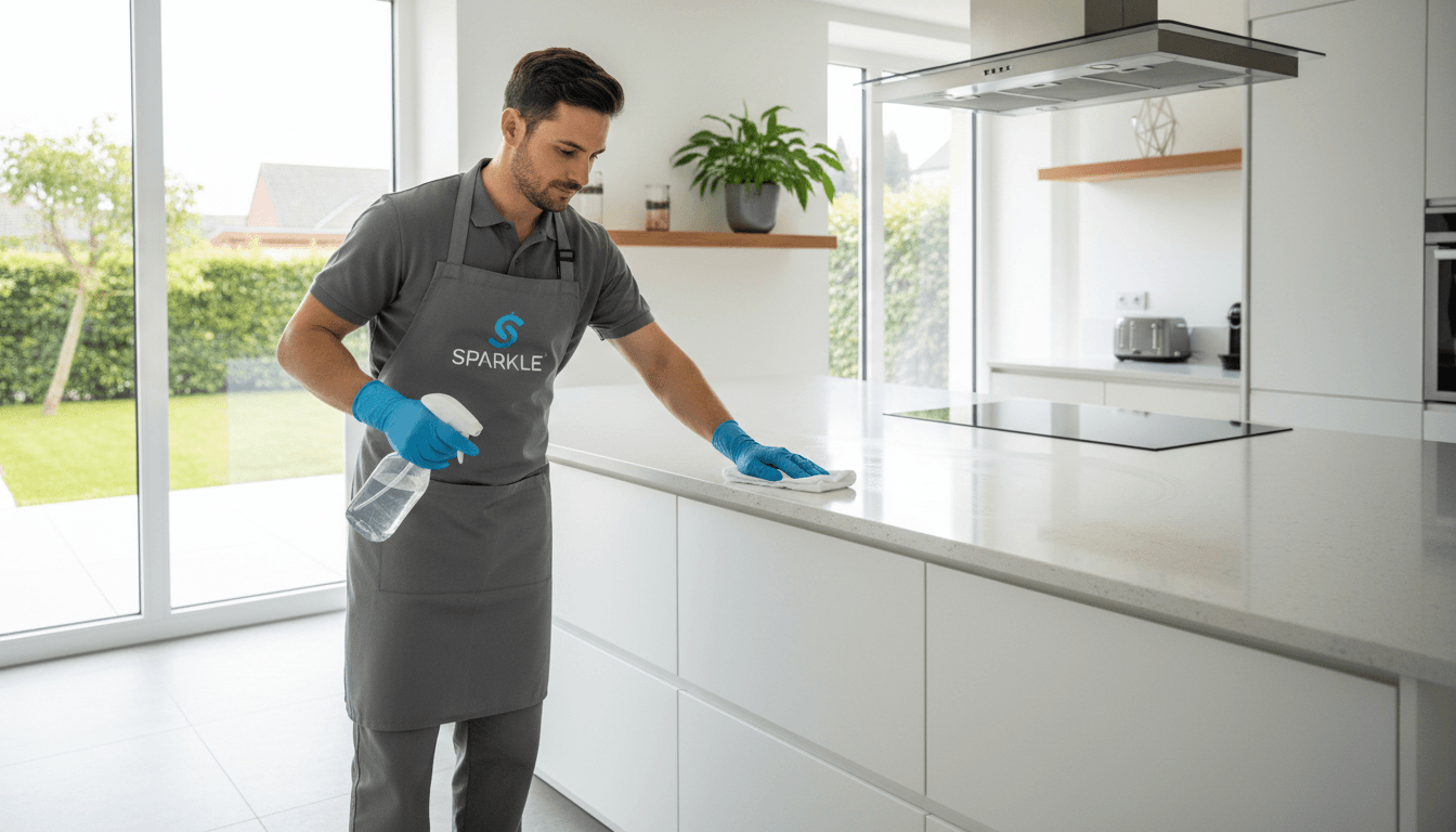 Professional cleaner wiping a bright kitchen counter in a modern home