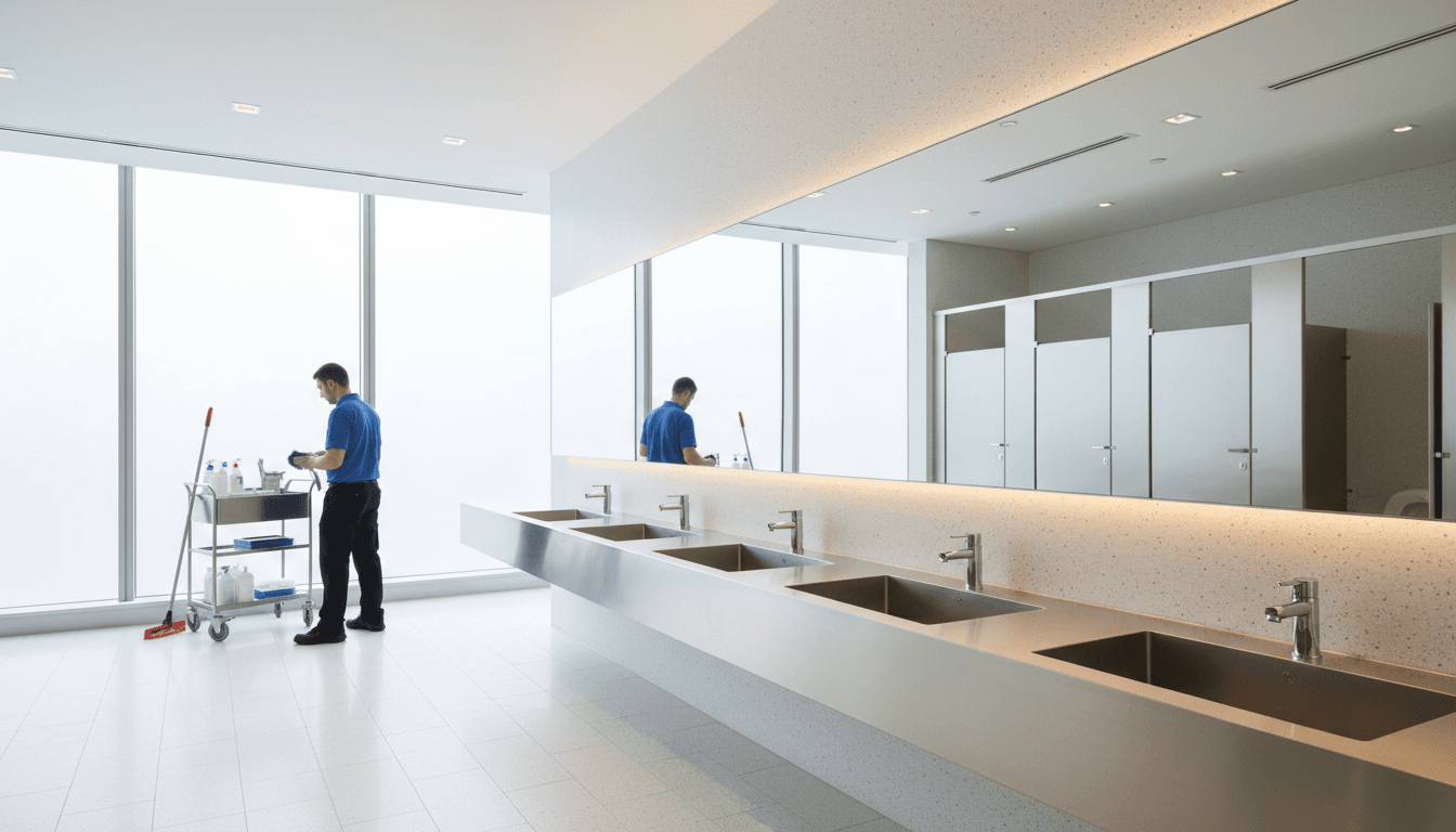 Bright commercial restroom with polished sinks and mirrors