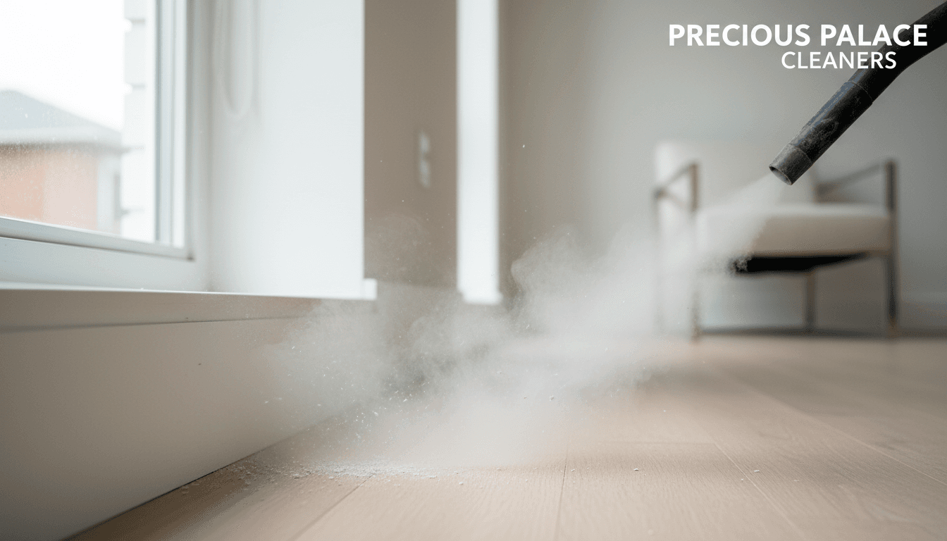 Close-up of professional steam cleaner nozzle shooting hot steam onto white baseboard trim