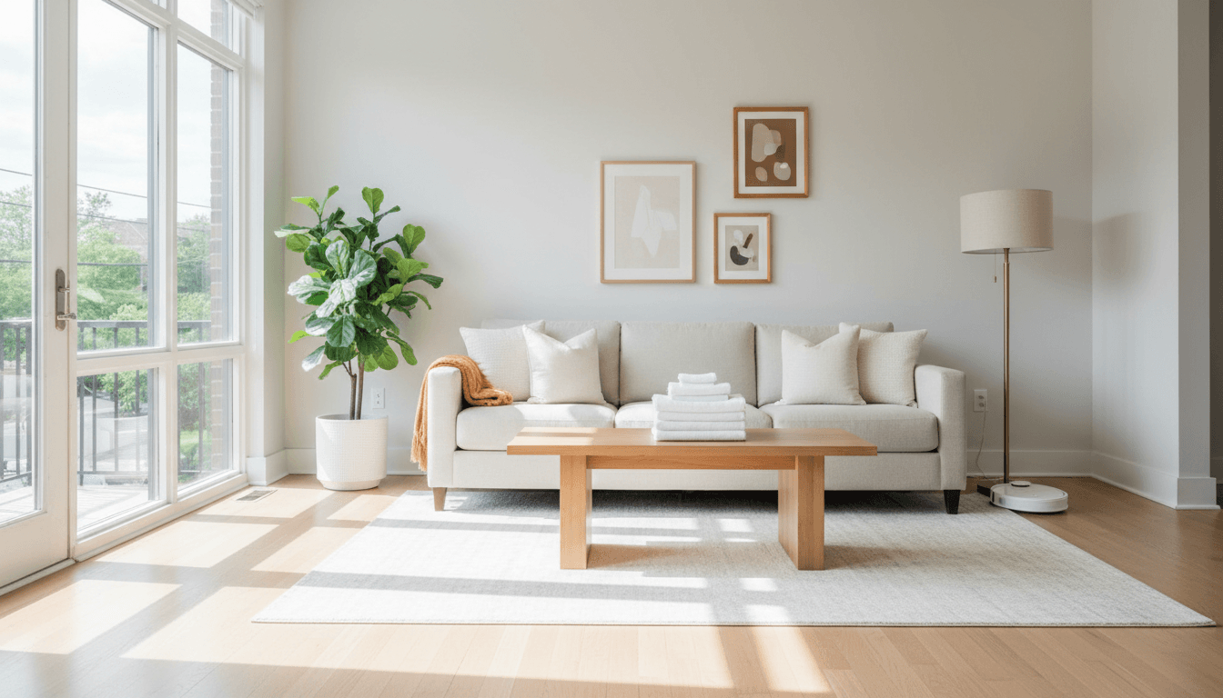 Bright living room with fresh towels and a vacuum after a professional cleaning