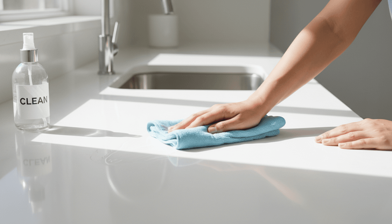 Hand wiping a spotless white kitchen countertop with a microfiber cloth