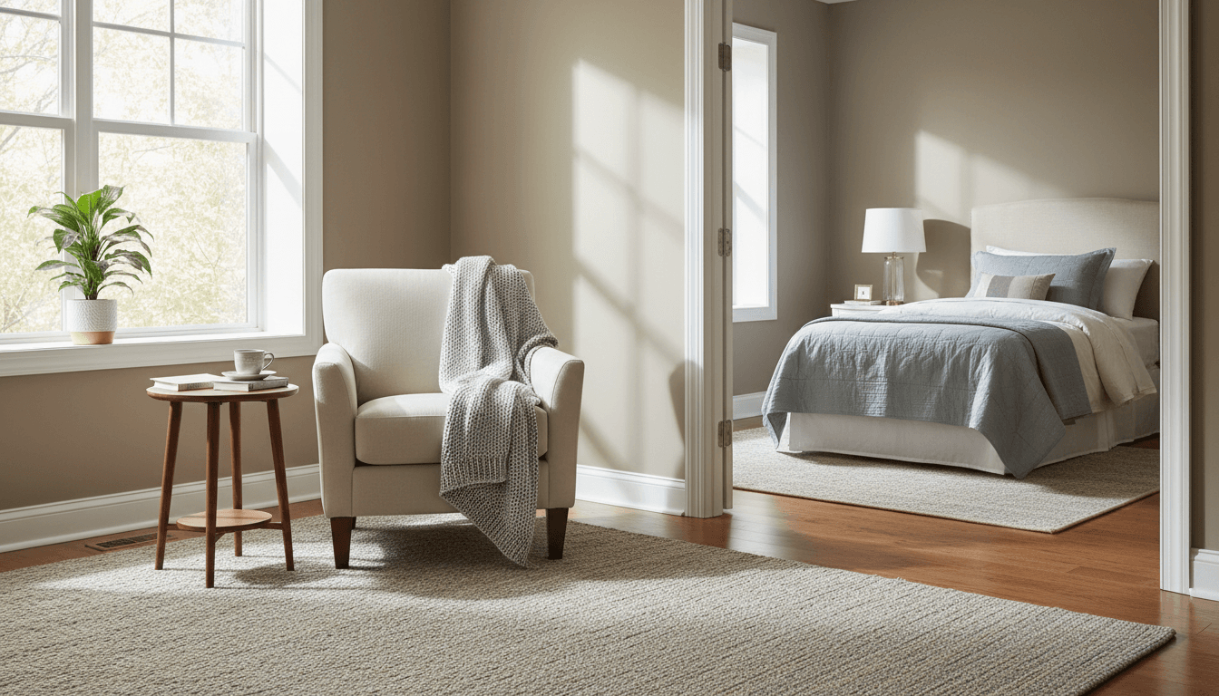 Bright and tidy senior living room with comfortable furniture