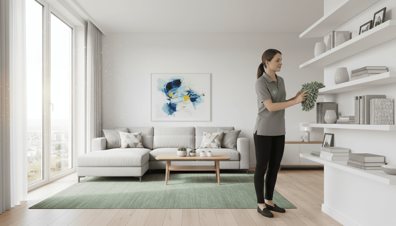 Professional cleaner dusting a living room shelf in a bright modern home