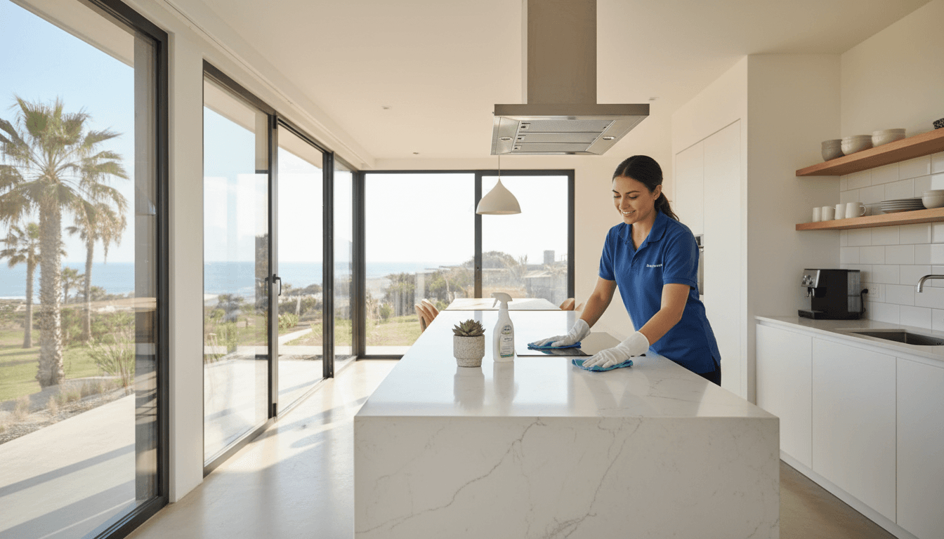 Professional cleaner wiping a counter in a bright vacation rental kitchen