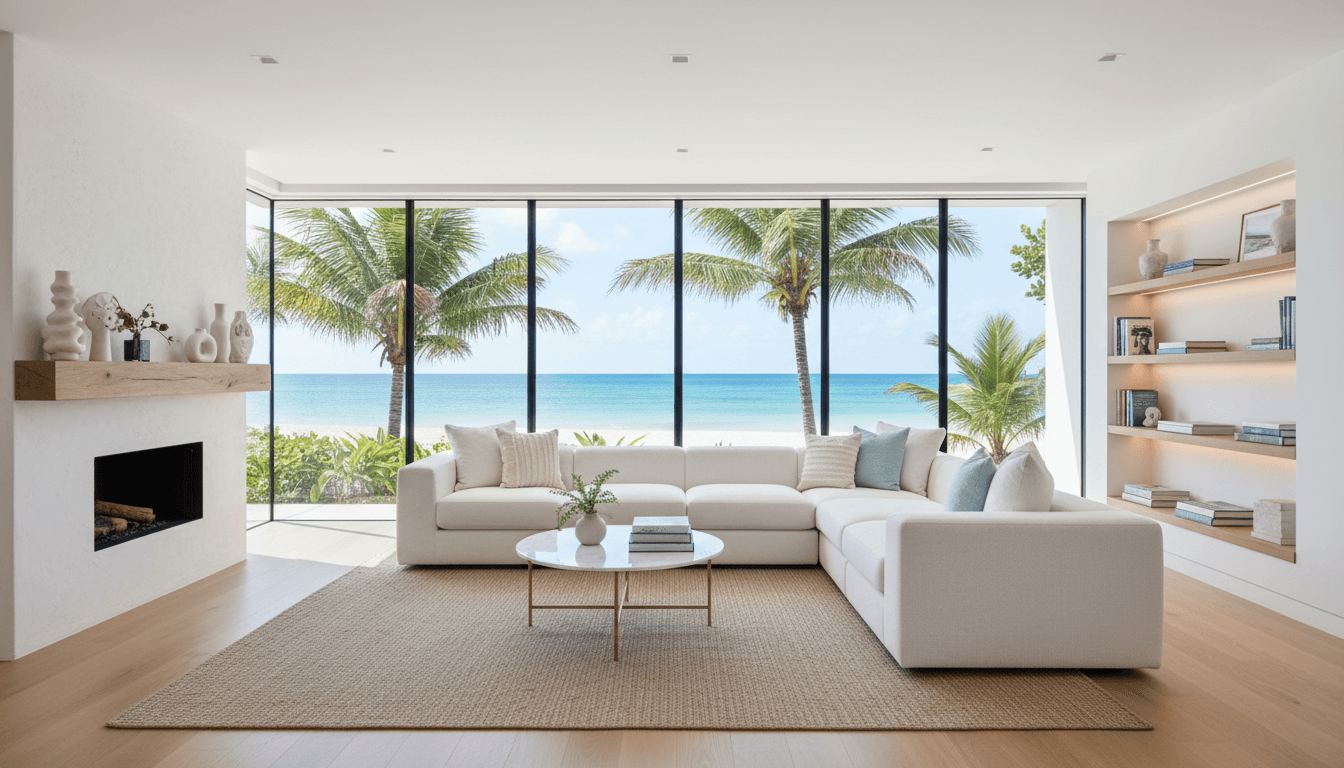 Bright modern vacation rental living room with clean white sofa and large windows