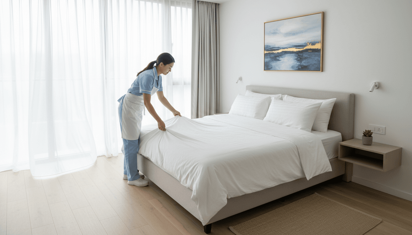 Professional cleaner making a bed with fresh white linens in a bright modern vacation rental