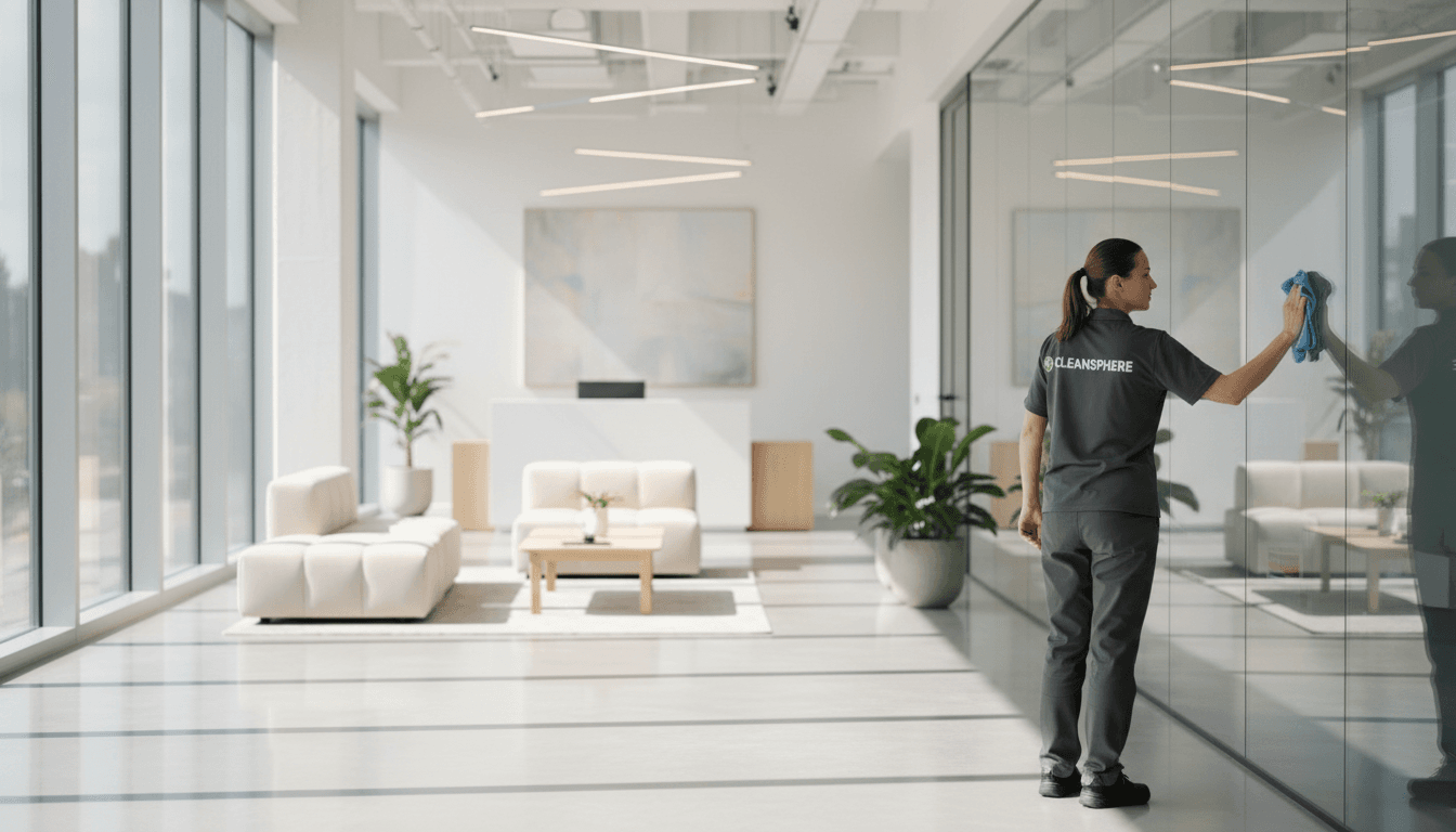 Professional cleaner wiping a glass partition in a bright modern office lobby