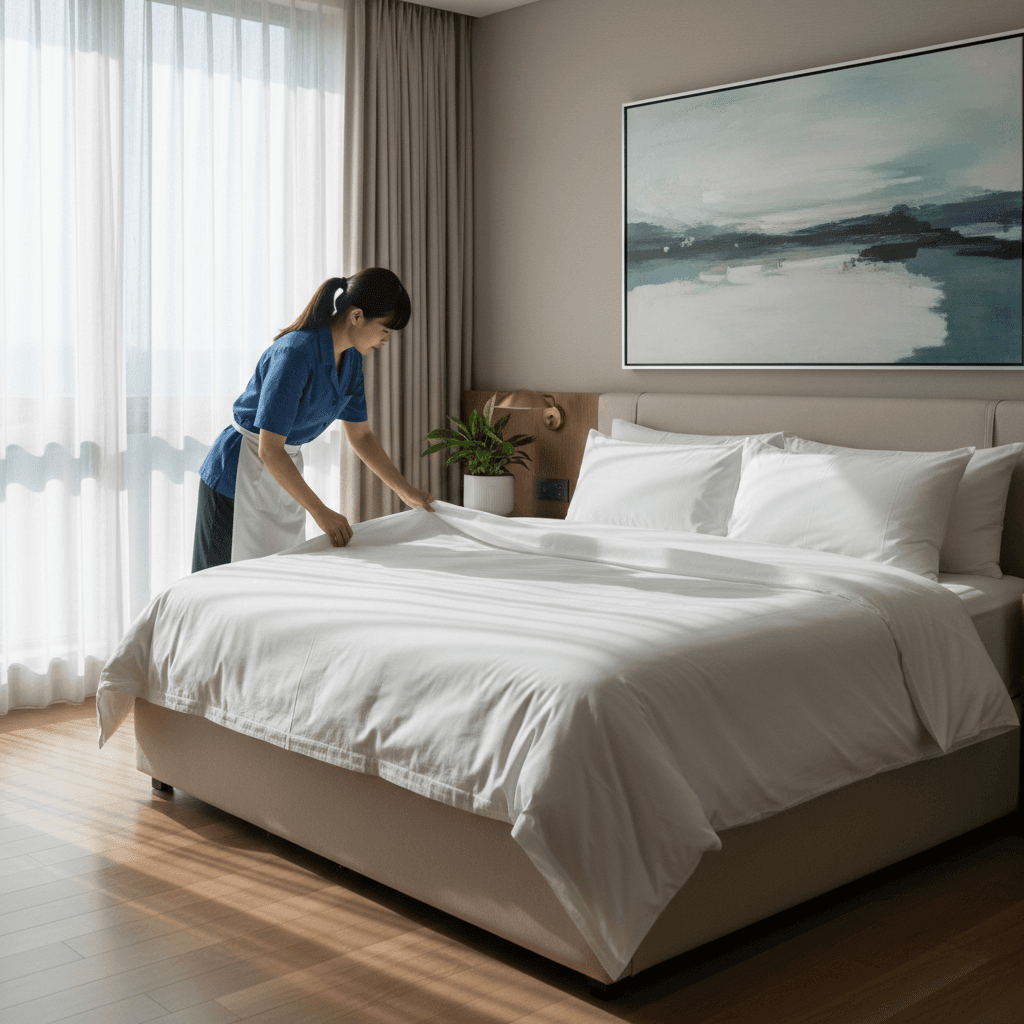 Cleaner making a bed with fresh white linens in a bright guest bedroom