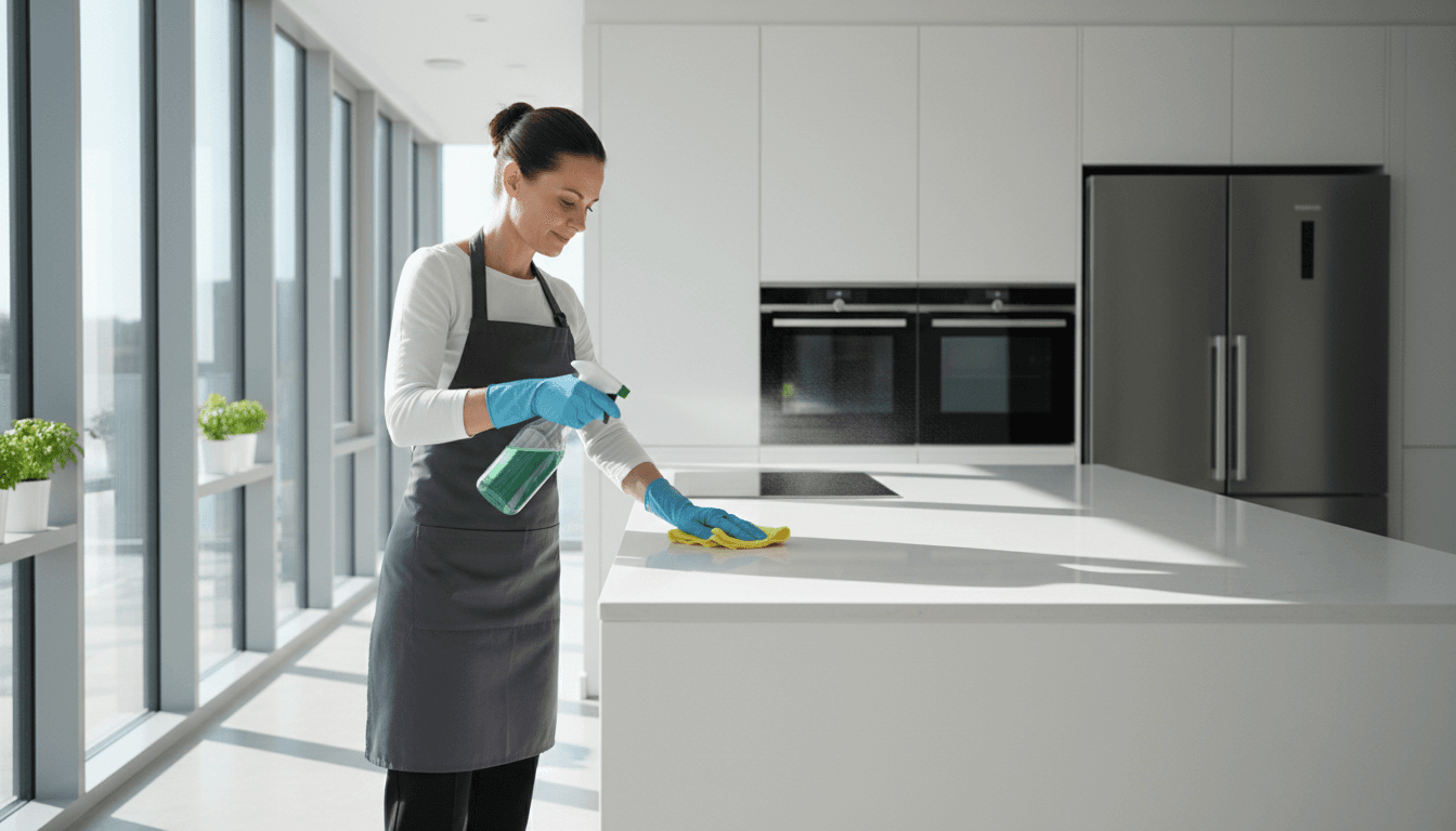 Professional cleaner wiping a modern kitchen counter in a bright home
