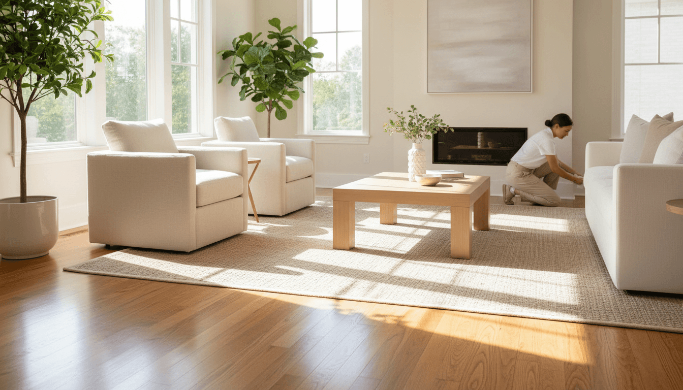 Bright Atlanta living room after a deep clean, cleaner wiping baseboards in the background