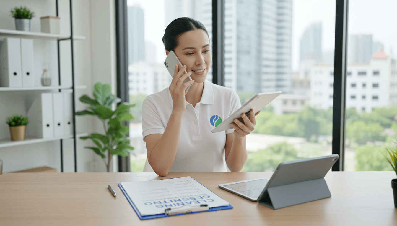 Professional speaking on phone with clipboard at bright office