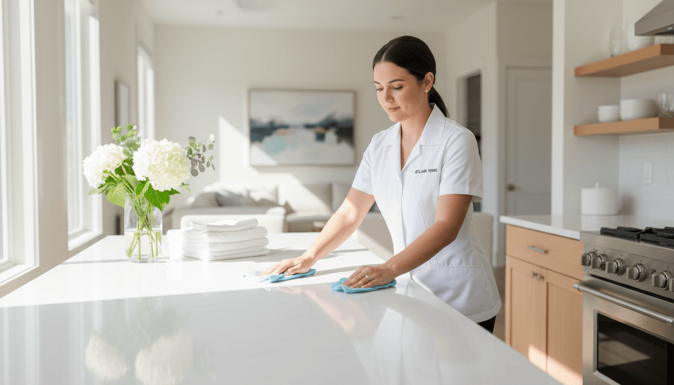 Professional cleaner wiping a kitchen counter in a bright, modern Atlanta home