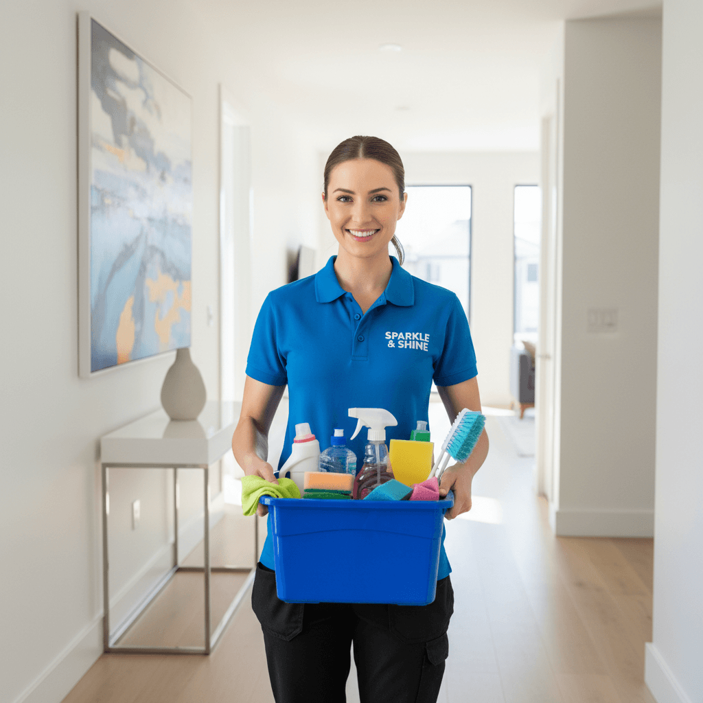 Smiling professional cleaner holding a caddy of supplies in a modern home hallway