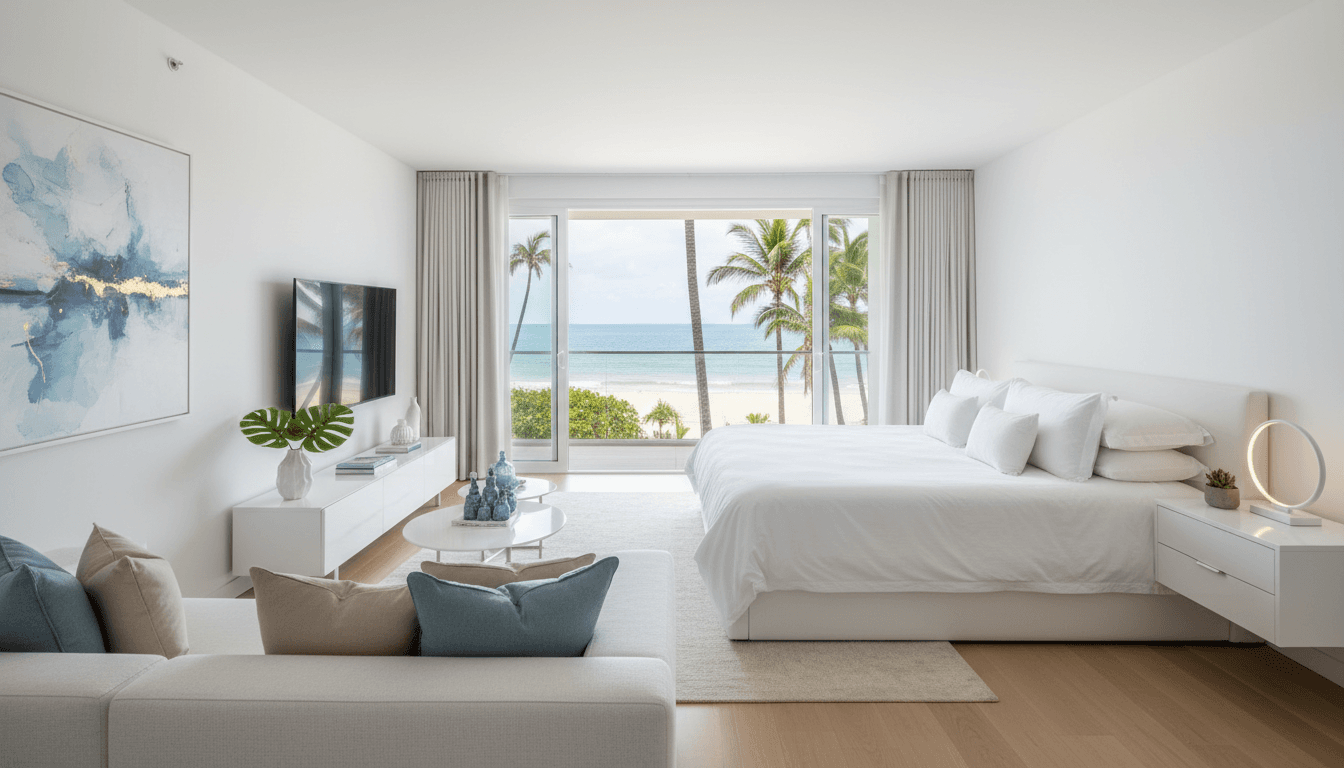 Bright vacation rental bedroom with fresh white linens