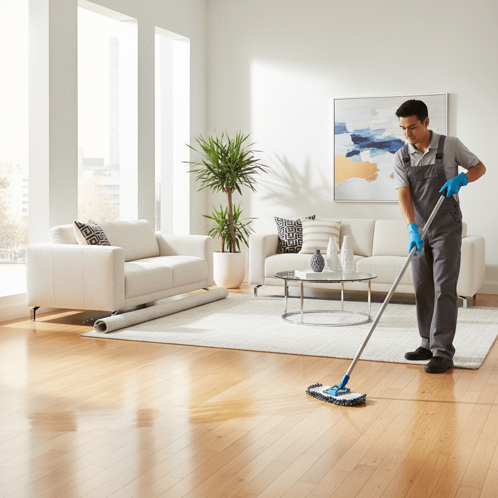 Cleaner mopping a hardwood floor in a bright modern living room