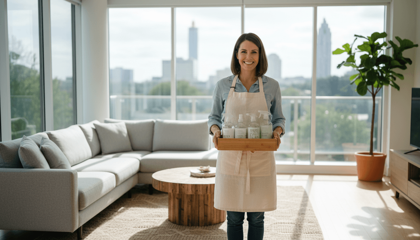 Professional cleaner holding supplies in a bright Atlanta living room