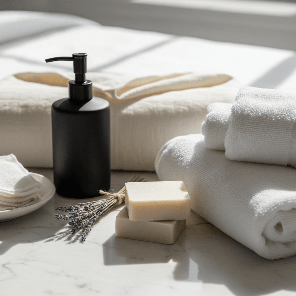 Close-up of neatly folded towels and fresh flowers on vanity