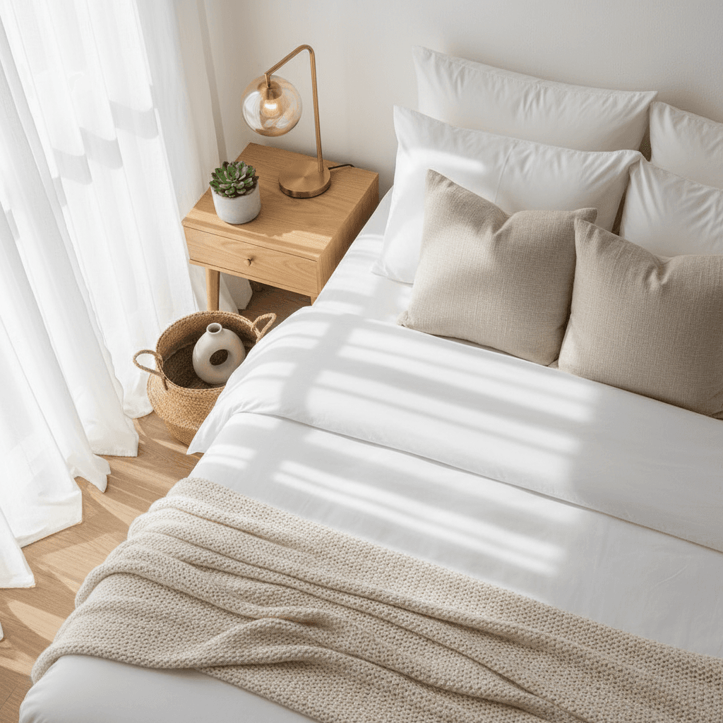 Bright master bedroom with neatly made bed and arranged pillows