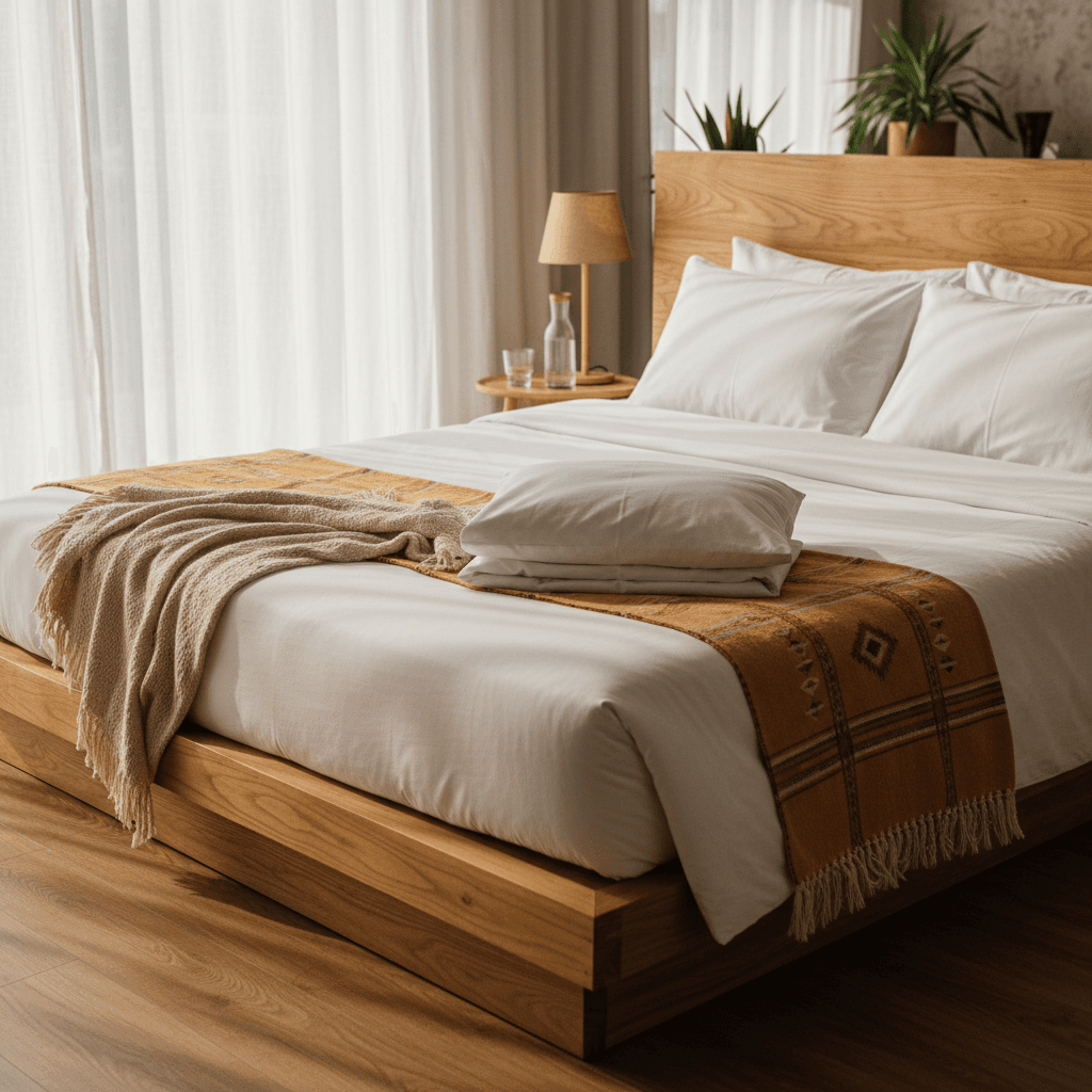 Professional cleaner arranging pillows on a freshly made bed in a bright vacation rental bedroom