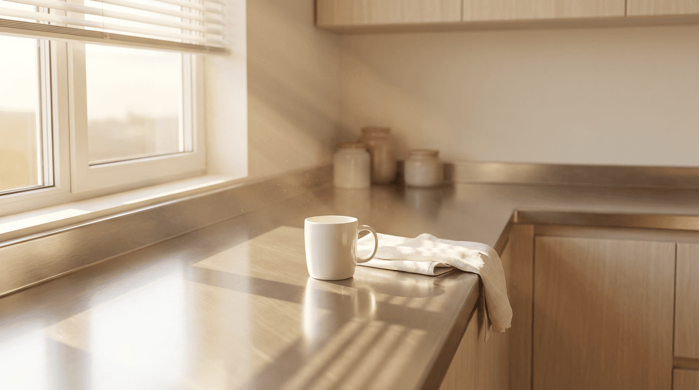 Clean kitchen counter with white sink and polished faucet