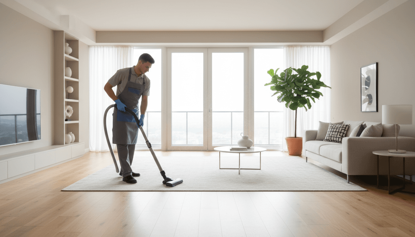 Professional cleaner reviewing a checklist in a bright rental living room