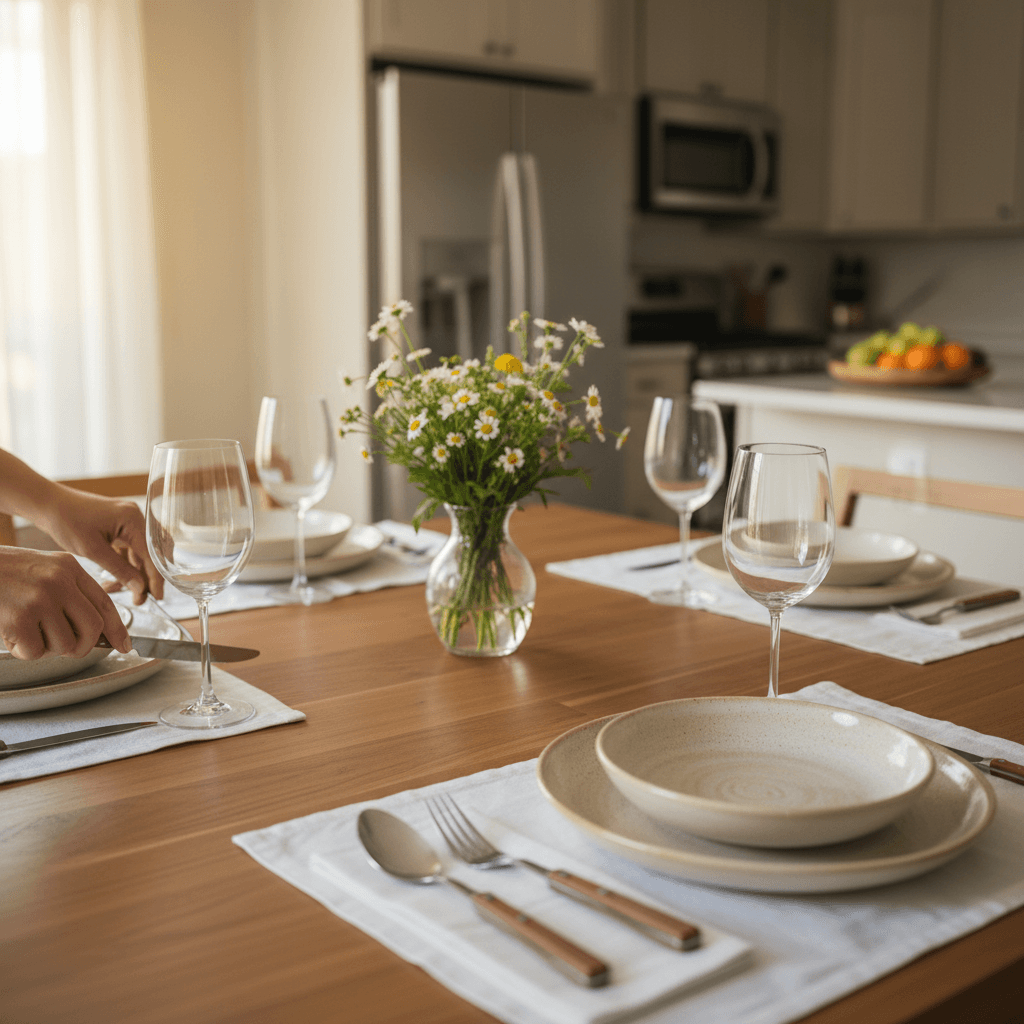 Inviting dining area with polished table and place settings
