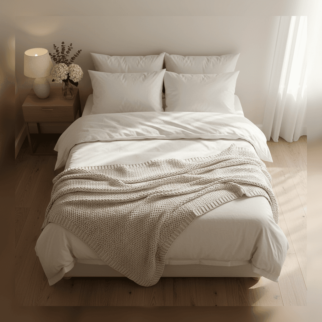 Bright vacation rental bedroom with neatly made bed and white linens