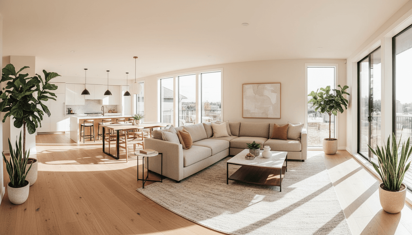 Bright vacation rental living room with fresh linens and styled pillows